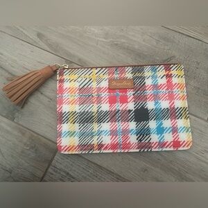 Dooney & Bourke plaid plastic clutch with leather tassel
